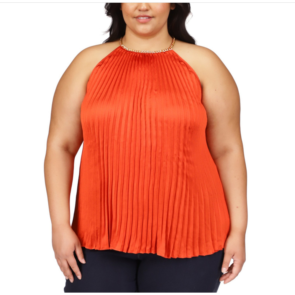 Michael Michael Kors Pleated Chain Neck Top Orange Plus Size 2X